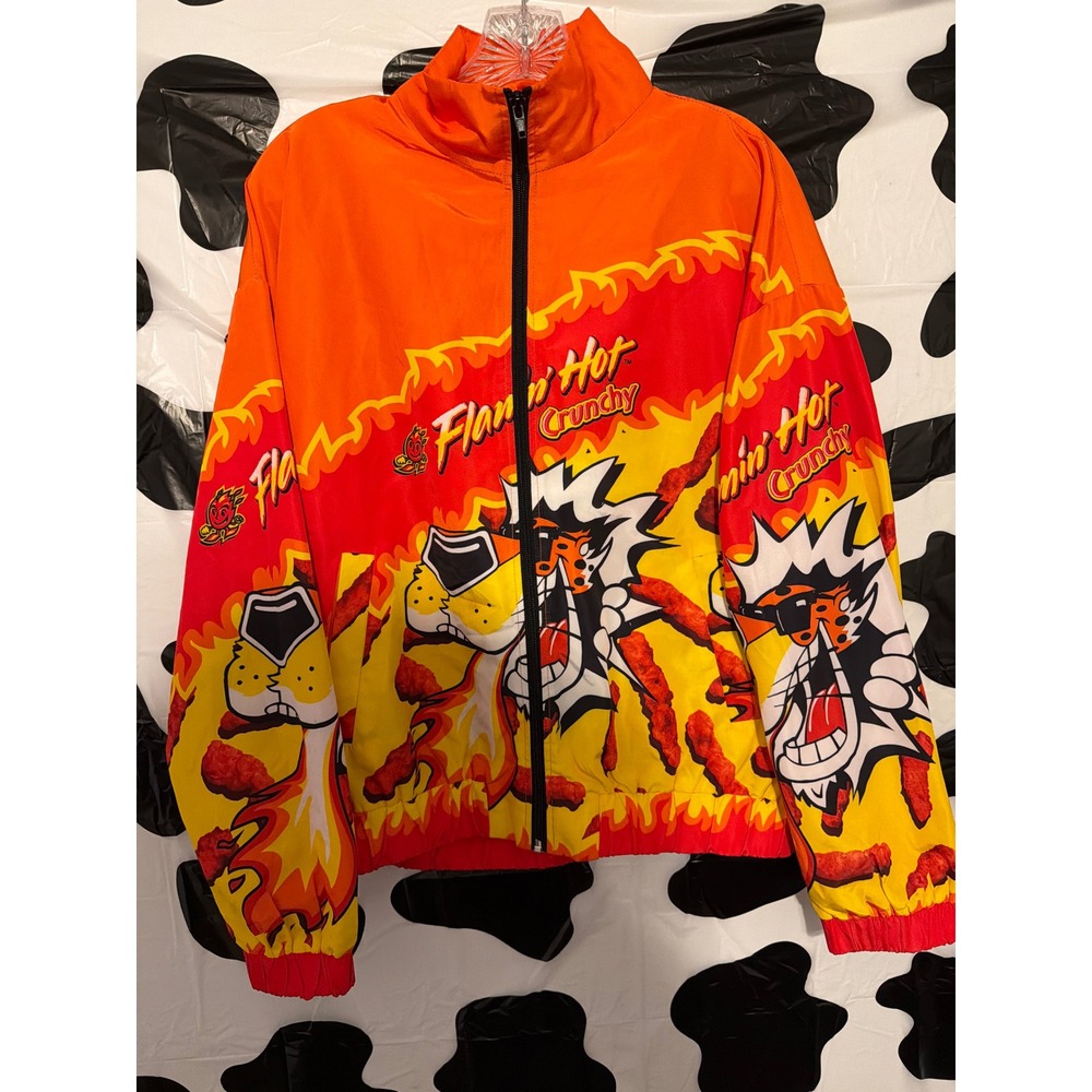 Forever 21 Cheetos Flamin Hot Crunchy Windbreaker Jacket Chester Cheetah Orange